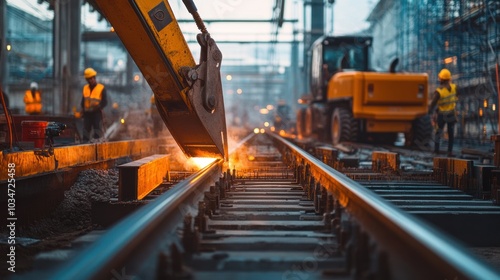 Steel railway construction, with large metal rails being welded and positioned by heavy machinery and construction teams.