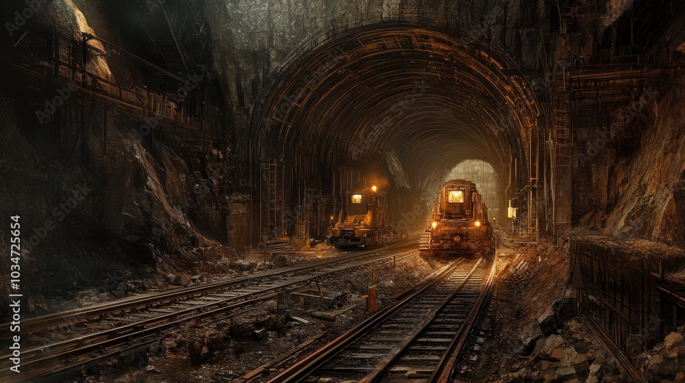 Underground railway construction, with tunneling machines carving new pathways deep below the surface. Underground railway construction, with tunneling machines carving new pathways deep below the surface.