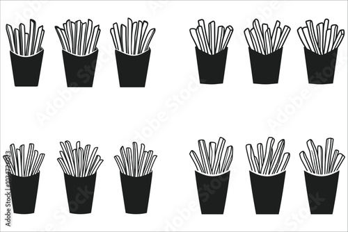 French fries silhouette vector collection. French fries silhouettes icon vector. Crispy French fries vector silhouettes design. Black silhouettes of French fries. Fast food design vector illustrations