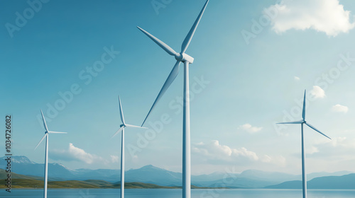 Wind turbines generate renewable energy against a clear blue sky, symbolizing sustainability and clean energy solutions in a serene landscape.