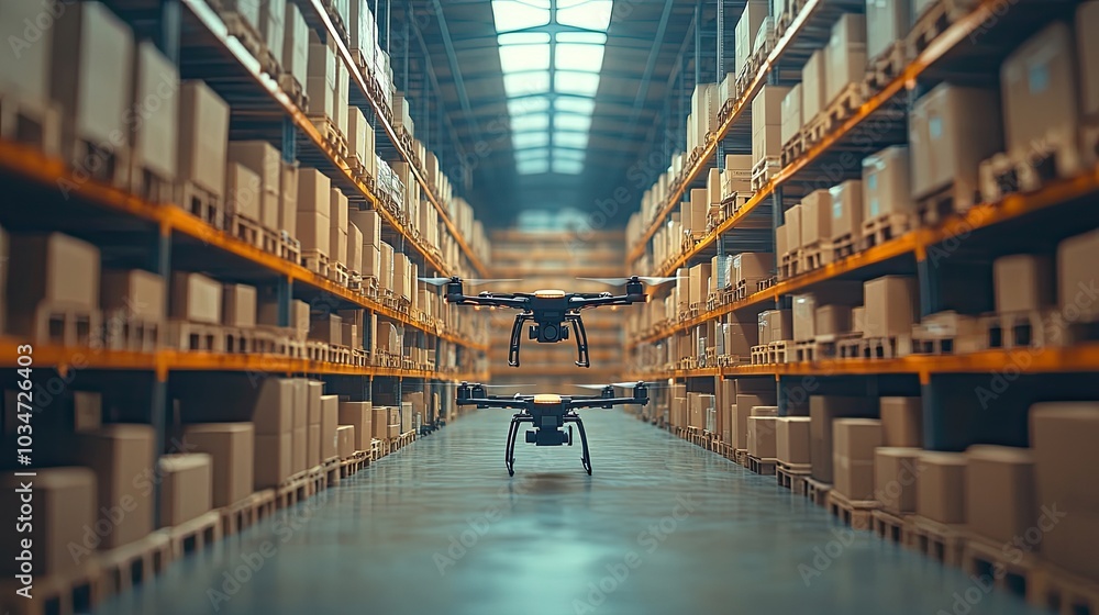 drone navigating warehouse with shelves full of boxes symbolizing automation in micro fulfillment logistics.illustration drone navigating warehouse with shelves full of boxes symbolizing automation in micro fulfillment logistics.illustration