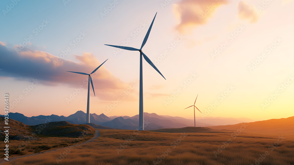 Fototapeta premium Wind turbines in a serene landscape during sunset, showcasing renewable energy and nature's beauty.