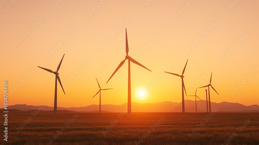 Obraz premium Wind turbines silhouetted against a beautiful sunset, illustrating renewable energy and sustainable practices in the countryside.