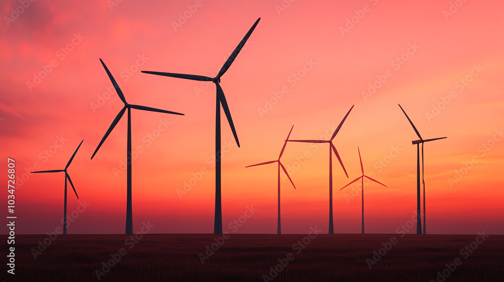 Fototapeta premium Wind turbines silhouetted against a vibrant sunset sky, creating a beautiful contrast with shades of orange and purple, symbolizing clean energy.