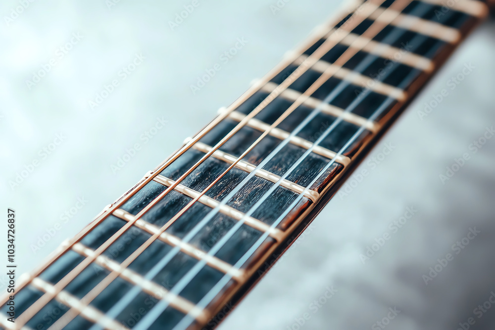 Guitar fretboard close-up, white isolate background Guitar fretboard close-up, white isolate background