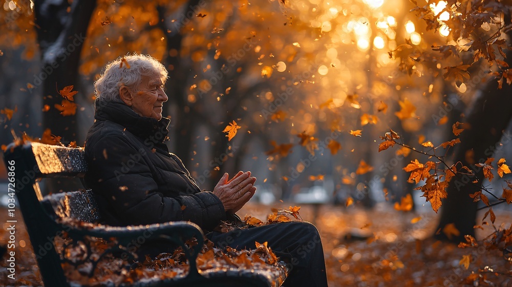 Senior Woman Contemplating Nature in Autumn Park Senior Woman Contemplating Nature in Autumn Park