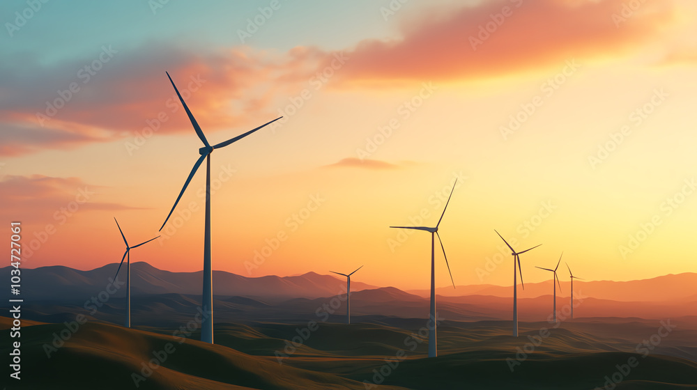 Wind turbines standing against a colorful sunset, showcasing renewable energy in a serene landscape, promoting sustainability and clean power. Wind turbines standing against a colorful sunset, showcasing renewable energy in a serene landscape, promoting sustainability and clean power.