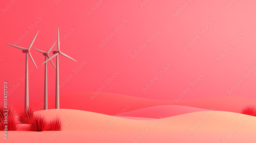 Wind turbines standing tall against a vibrant pink background, surrounded by soft dunes and grass, symbolizing renewable energy and sustainability. Wind turbines standing tall against a vibrant pink background, surrounded by soft dunes and grass, symbolizing renewable energy and sustainability.