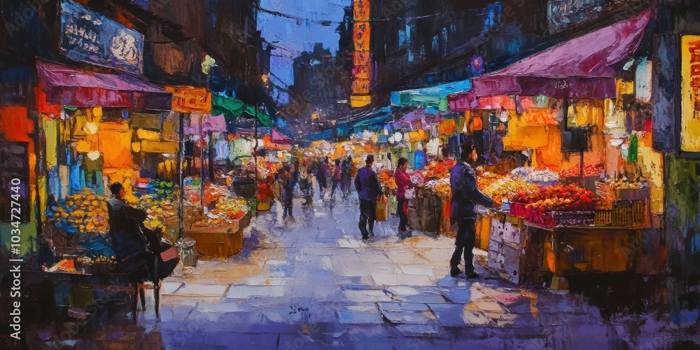 Obraz premium Night market street with people shopping.