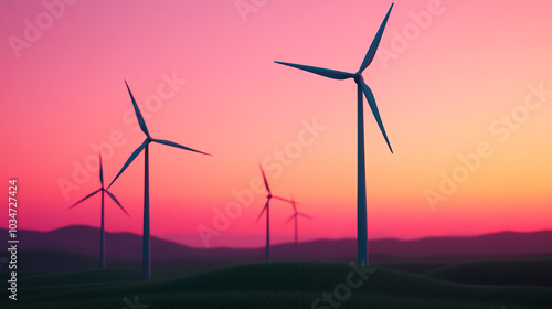 Wind turbines with a vibrant sunset sky, symbolizing renewable energy and sustainable living, captured in a serene landscape.
