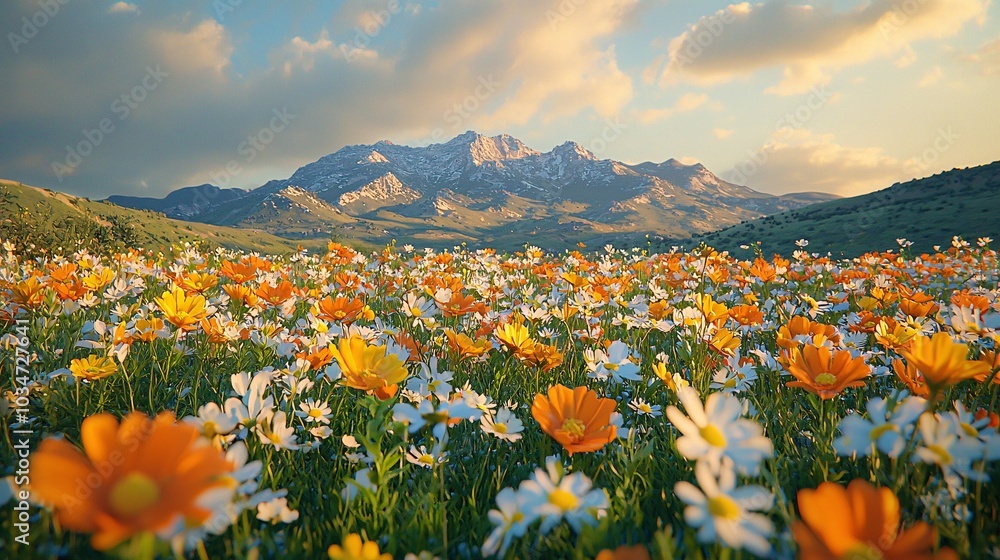 Fototapeta premium Beautiful Mountain Meadow with Wildflowers and Snowy Peaks at Sunset