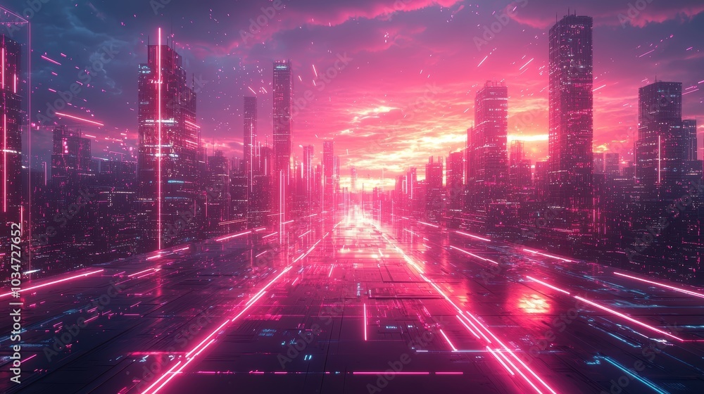 Neon glowing road through futuristic city. Neon glowing road through futuristic city.
