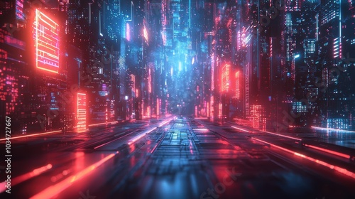 Neon cityscape with red and blue lights.