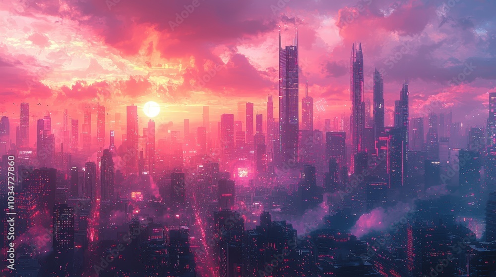 Fototapeta premium Pink sunset over futuristic city skyline.