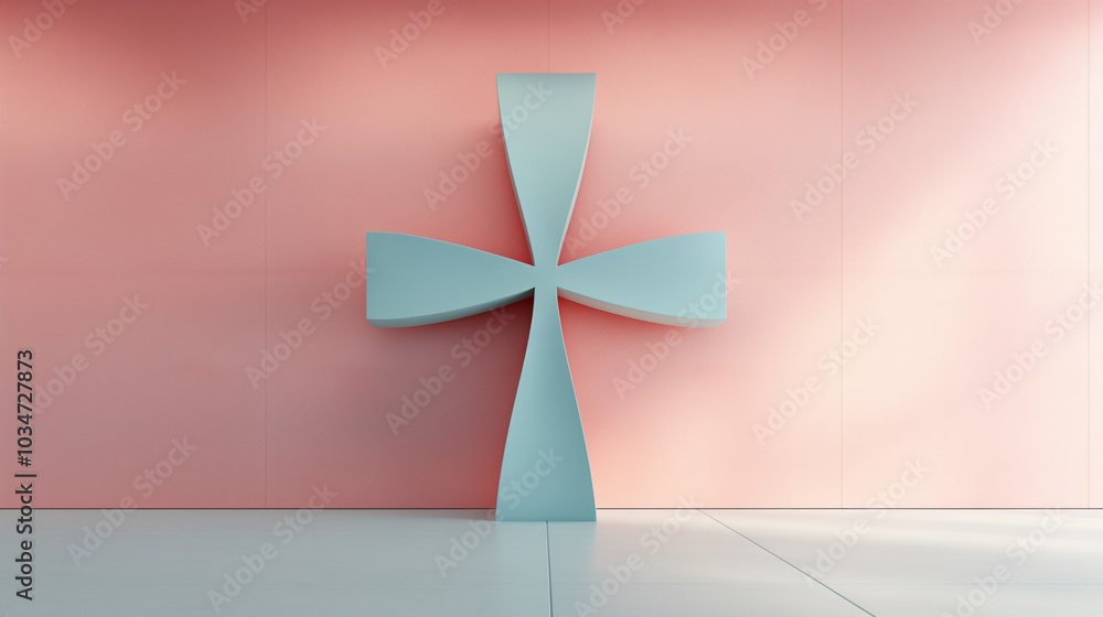 The artwork features a large, abstract cross sculpture in a tranquil pastel room, emphasizing simplicity and modern design. Soft light enhances the serene atmosphere The artwork features a large, abstract cross sculpture in a tranquil pastel room, emphasizing simplicity and modern design. Soft light enhances the serene atmosphere