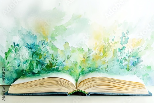 Open book with watercolor greenery background, showcasing nature and creativity.
