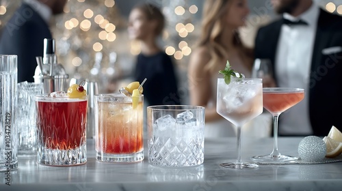 An upscale gathering for New Years, with a chic bar setup showcasing an assortment of premium liquors and artisanal cocktails. Elegant barware and garnished drinks are prominently displayed, with