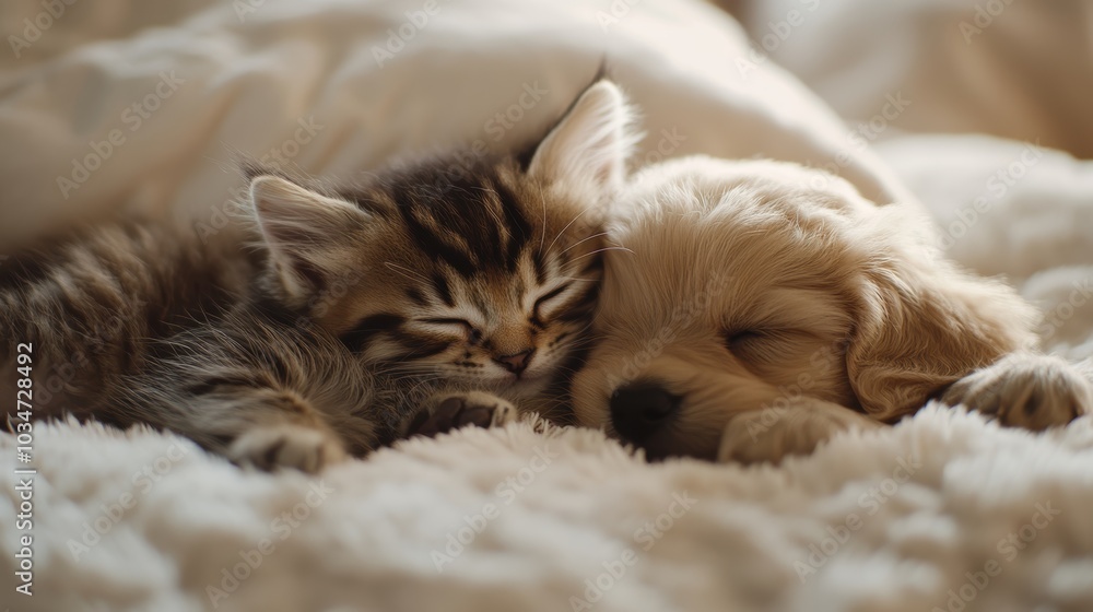 A kitten and puppy sleep together on a blanket. A kitten and puppy sleep together on a blanket.