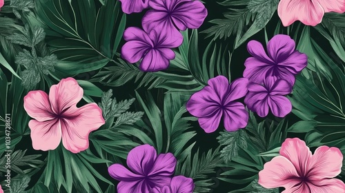 Seamless floral pattern featuring pink purple and green elements suitable for textiles wallpaper and decor