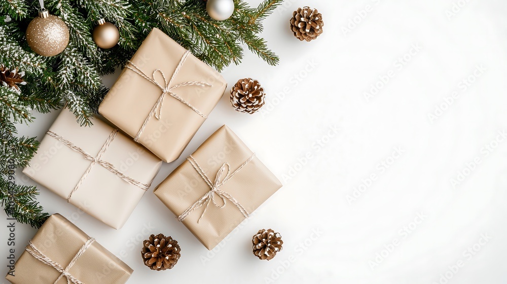 An overhead shot of beautifully wrapped holiday gifts tucked under a lavishly decorated Christmas tree, with a scattering of festive ornaments and pinecones around them. The scene evokes excitement An overhead shot of beautifully wrapped holiday gifts tucked under a lavishly decorated Christmas tree, with a scattering of festive ornaments and pinecones around them. The scene evokes excitement