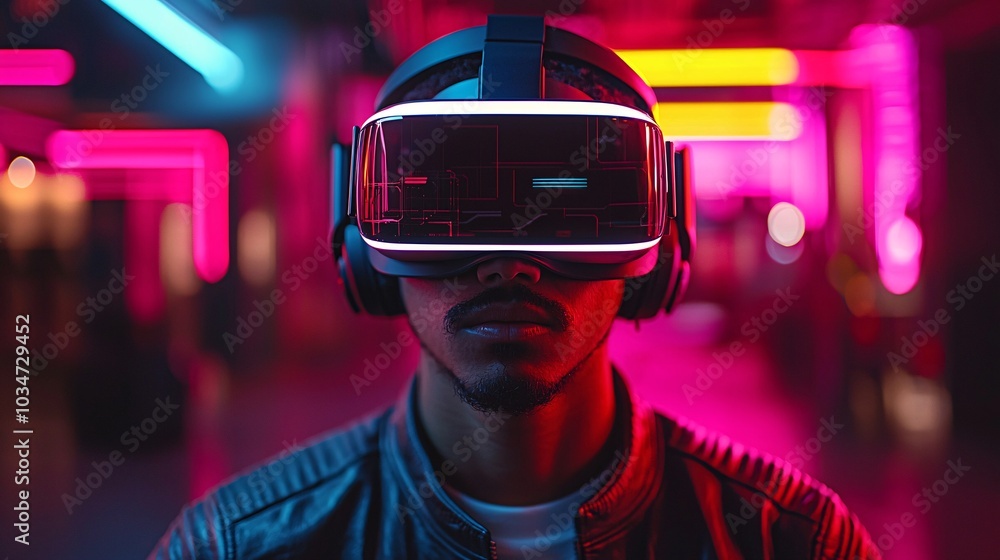Man Using VR Headset in Neon Lit City Futuristic Technology and Metaverse Concept Man Using VR Headset in Neon Lit City Futuristic Technology and Metaverse Concept