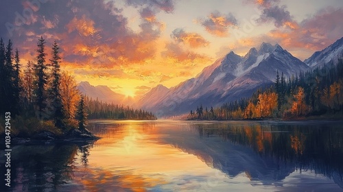 Wallpaper Mural Oil painting depicting a stunning autumn sunrise over a tranquil lake showcasing the breathtaking beauty of the surrounding alpine landscape and the essence of morning solitude in nature Torontodigital.ca