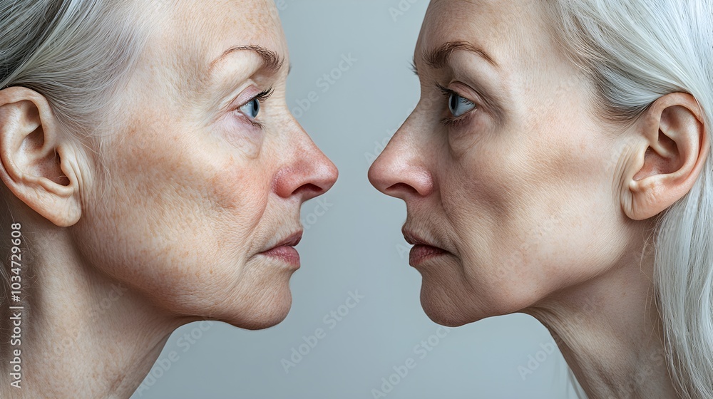 Side-by-side facelift transformation photos, emphasizing the emotional relief and physical renewal after surgery, Photorealistic, High-Resolution, Neutral Background Side-by-side facelift transformation photos, emphasizing the emotional relief and physical renewal after surgery, Photorealistic, High-Resolution, Neutral Background