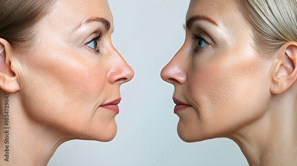 Side-by-side view of a woman's facial transformation after a facelift, highlighting lifted features and smoother skin texture, Realistic, Clean Background Side-by-side view of a woman's facial transformation after a facelift, highlighting lifted features and smoother skin texture, Realistic, Clean Background