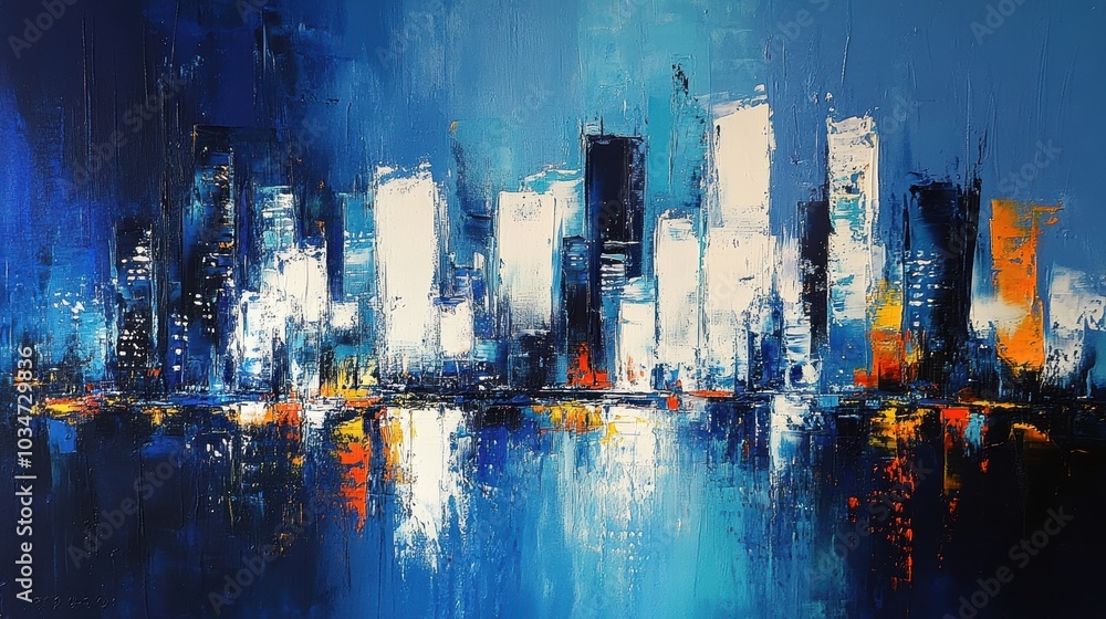 Obraz premium Abstract city skyline in blue, white, and orange.