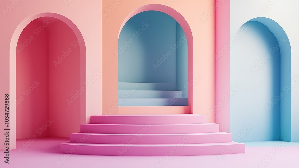 Abstract Minimalist Pink, Blue and Orange Archway with Steps Abstract Minimalist Pink, Blue and Orange Archway with Steps