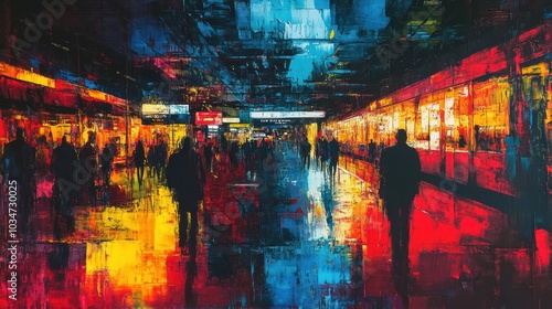 Fototapeta Naklejka Na Ścianę i Meble -  Abstract painting of a city street at night.