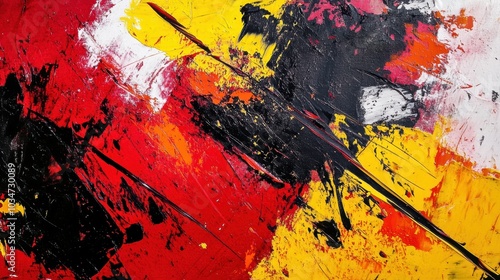 Abstract art with red, yellow, black, white paint. photo