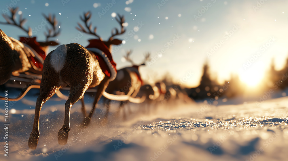 Reindeer pull Santas sleigh full of gifts, flying across a snowy landscape Reindeer pull Santas sleigh full of gifts, flying across a snowy landscape