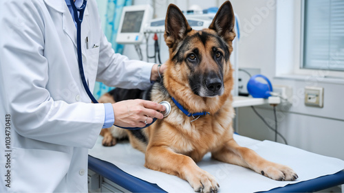 Gentle veterinarian checking German Shepherd's heartbeat during clinic visit