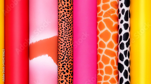 3D animal print in red yellow orange pink white black collage vibrant colored spot stripe seamless patchwork pattern. fashion trendy background for fabric design wallpaper