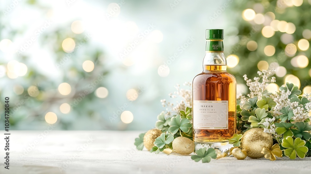 A close-up of a decorative centerpiece featuring a beautifully crafted Irish whiskey bottle surrounded by green and gold accents, with subtle bokeh effects in the background to enhance depth. The A close-up of a decorative centerpiece featuring a beautifully crafted Irish whiskey bottle surrounded by green and gold accents, with subtle bokeh effects in the background to enhance depth. The