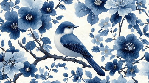 Blue bird perched on floral branch.