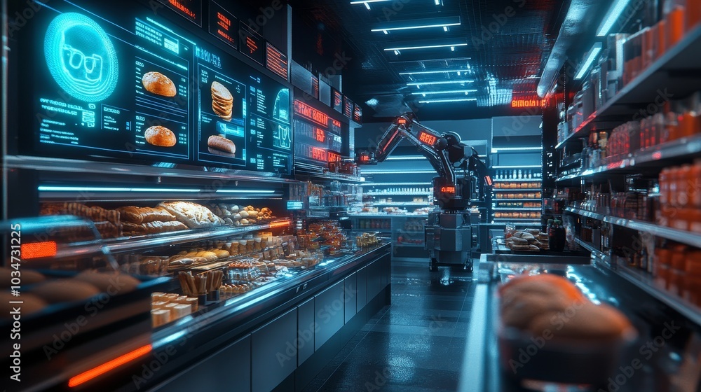 Futuristic supermarket with holographic labels, robotic arm picking up a loaf of bread from a shelf, neon lighting, sleek metallic shelves, sci-fi style Futuristic supermarket with holographic labels, robotic arm picking up a loaf of bread from a shelf, neon lighting, sleek metallic shelves, sci-fi style