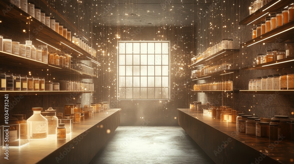 Futuristic zero-waste shop shelves lined with eco-packaging, clean and polished surfaces, digital collage, steampunk style, sepia tones Futuristic zero-waste shop shelves lined with eco-packaging, clean and polished surfaces, digital collage, steampunk style, sepia tones