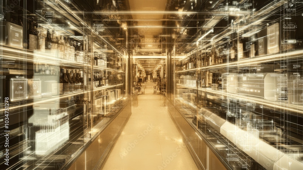 Fototapeta premium Futuristic zero-waste shop shelves lined with eco-packaging, clean and polished surfaces, digital collage, steampunk style, sepia tones