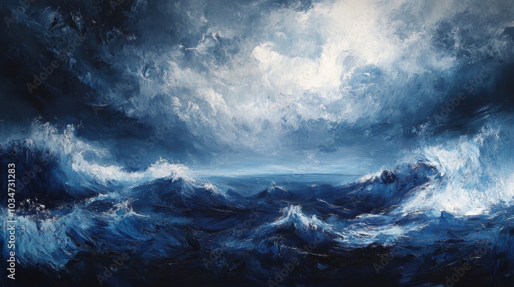 A stormy sea with whitecaps under a dark sky. A stormy sea with whitecaps under a dark sky.