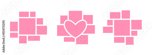 Image collage layout set. Pink mosaic mood board grid collection. Picture slot composition arrangement. Valentine photo album template. Vector love memory wall mockup for banner, poster, brochure