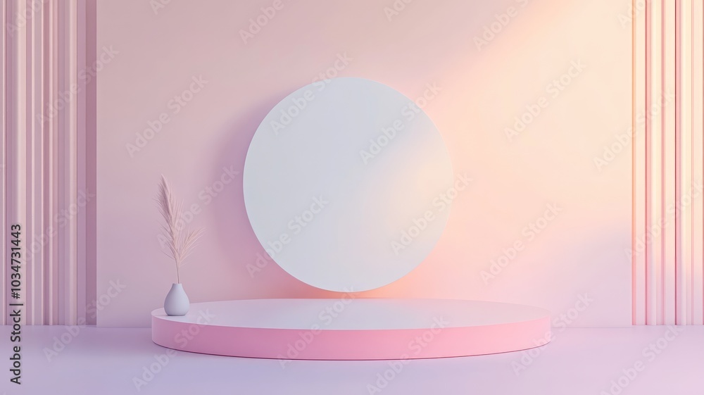 Pink and White Minimalist Product Display with a Circular Platform and Vase Pink and White Minimalist Product Display with a Circular Platform and Vase