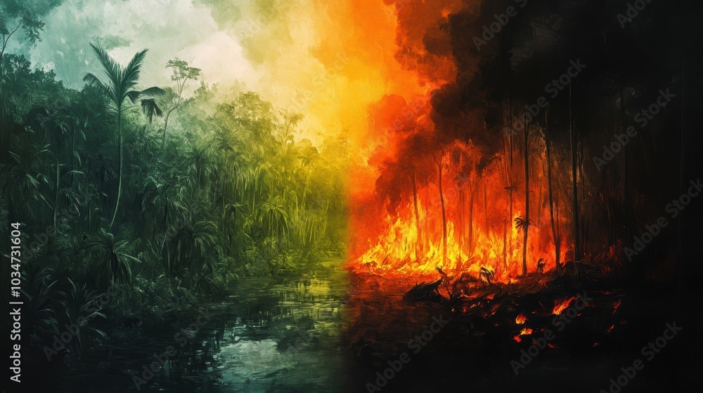 Fototapeta premium Fire consumes jungle with water dividing sides.