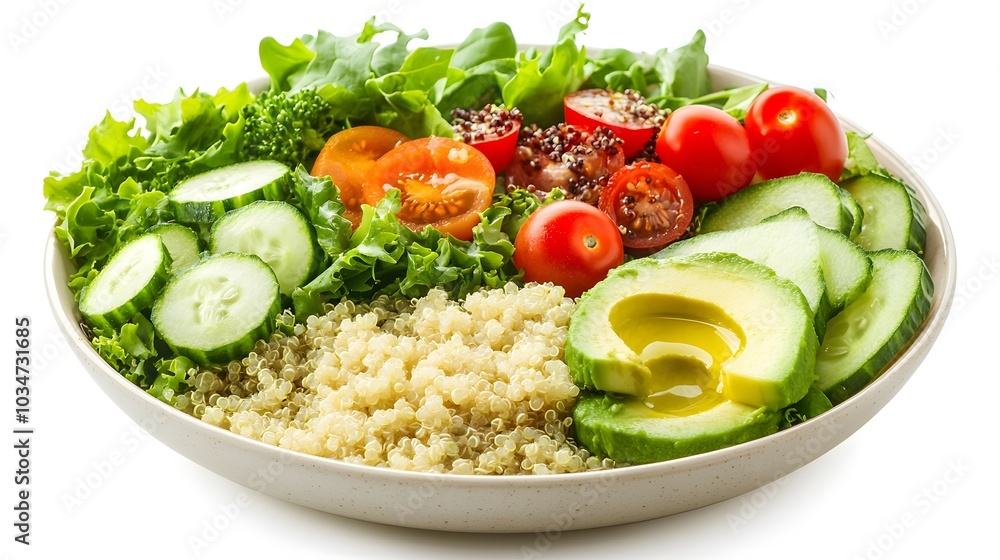 A colorful, close-up shot of a healthy salad bowl with fresh greens, quinoa, cherry tomatoes, cucumbers, and avocado, drizzled with olive oil, set against a clean white background A colorful, close-up shot of a healthy salad bowl with fresh greens, quinoa, cherry tomatoes, cucumbers, and avocado, drizzled with olive oil, set against a clean white background