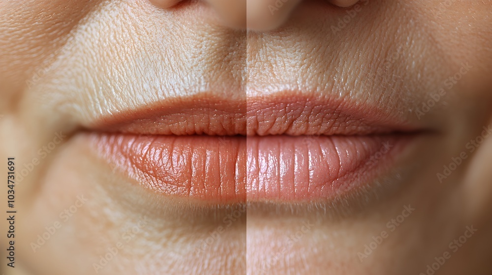 Obraz premium Close-up shot of the area around the mouth, showcasing the effectiveness of Botox in removing wrinkles, with detailed before-and-after comparison, Crisp Focus, Realistic