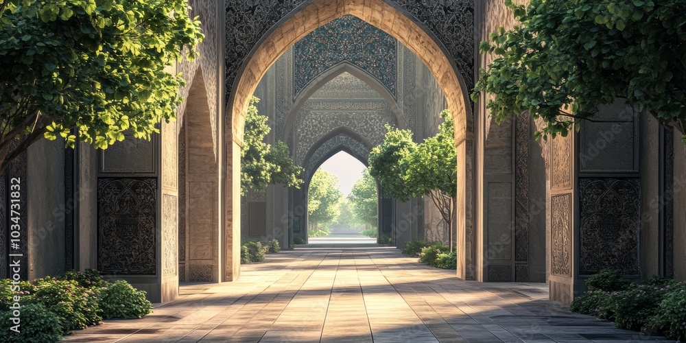 Stone archway leads to sunlit courtyard. Stone archway leads to sunlit courtyard.