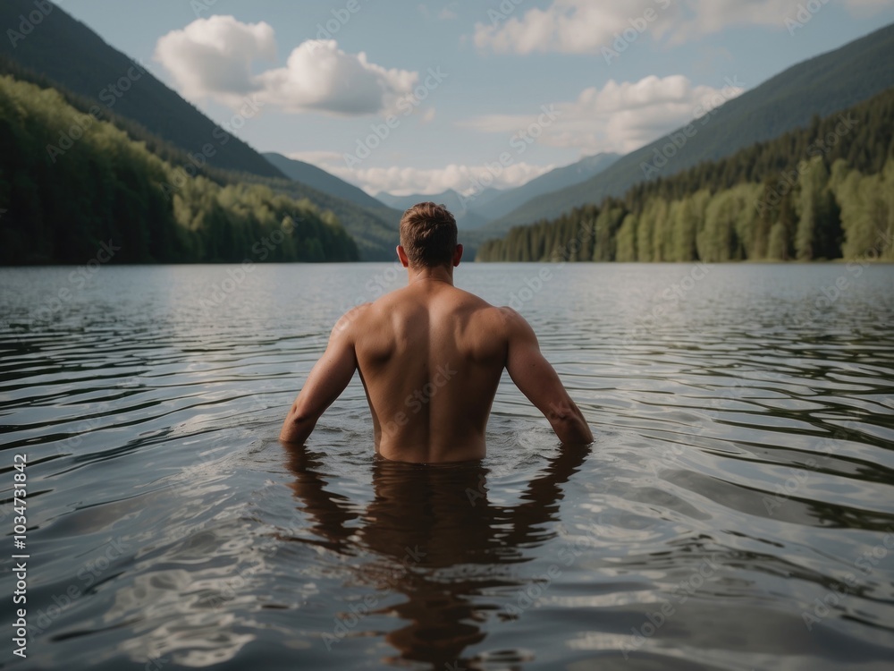 Rear view of shirtless man swimming in lake. AI Generative Rear view of shirtless man swimming in lake. AI Generative