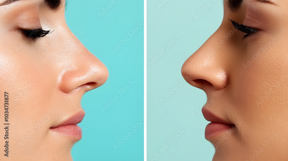 Obraz premium Capture a side-by-side comparison of a patient's nose before and after a rhinoplasty procedure, highlighting the changes in shape and symmetry