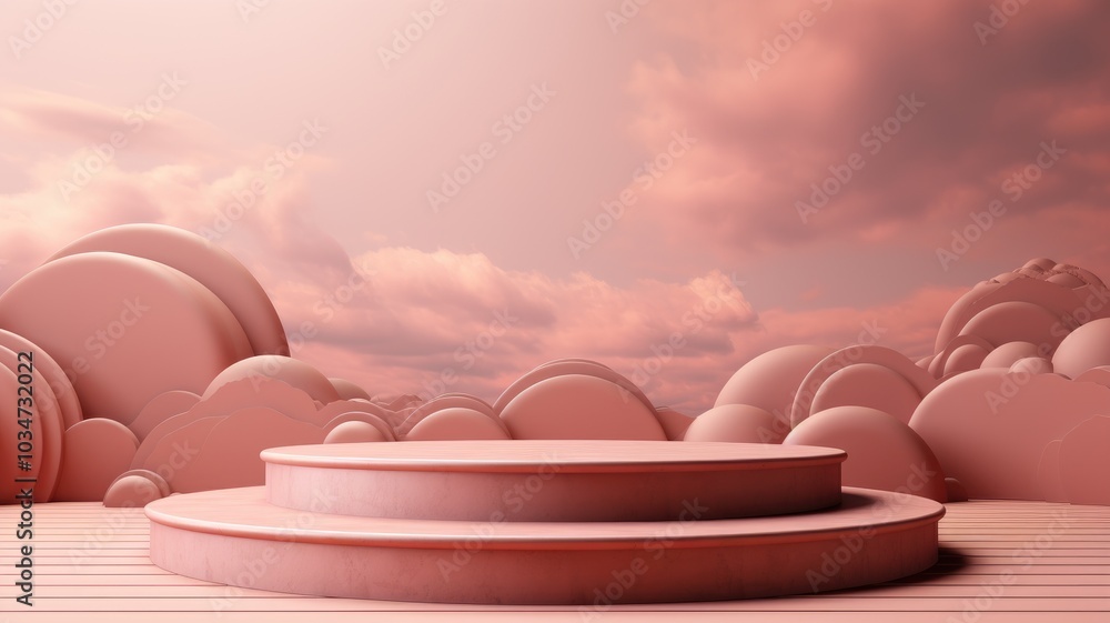 Fototapeta premium Two-Tiered Circular Platform Against a Pastel Pink Cloudy Sky